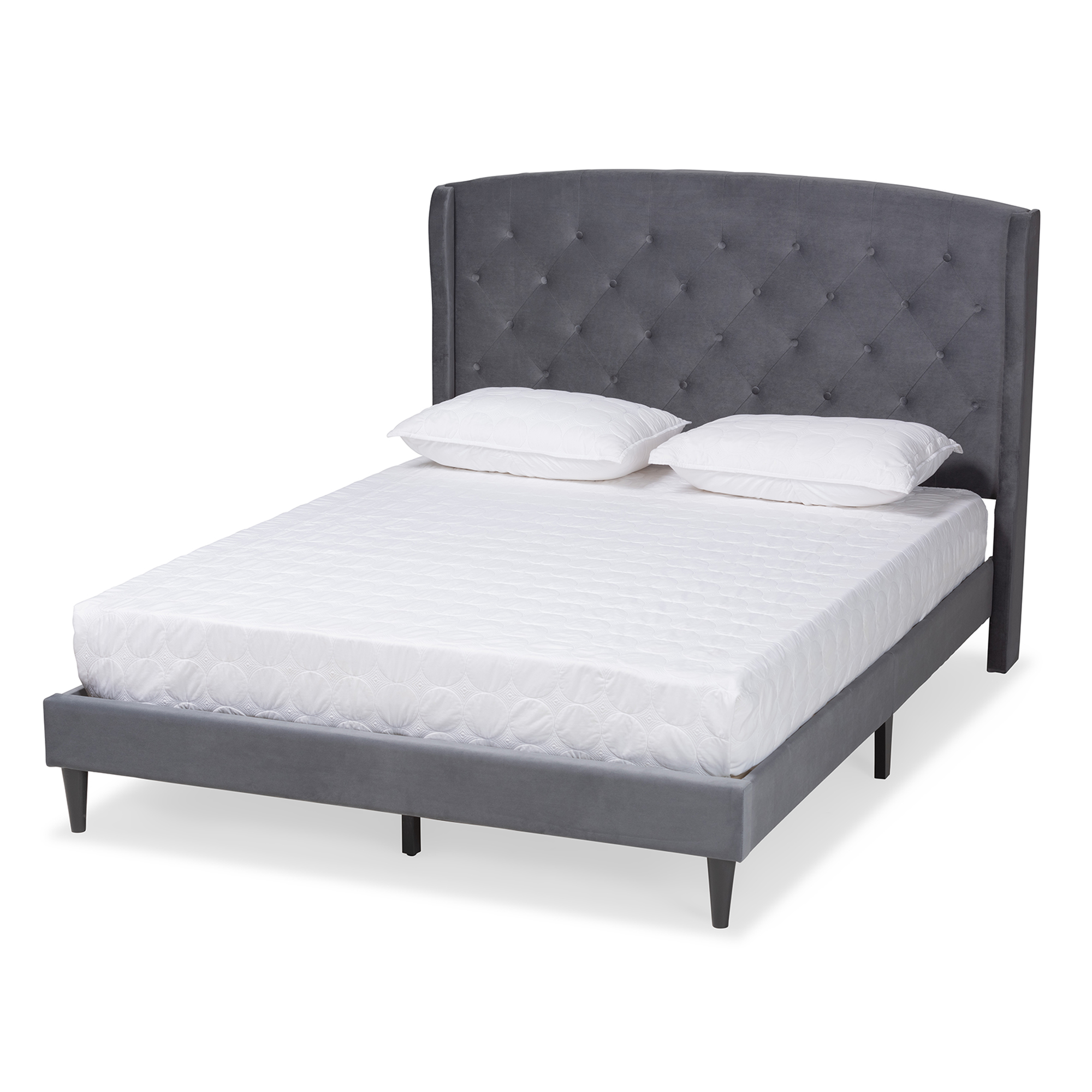 Baxton Studio Joanna Modern and Contemporay Grey Velvet Fabric Upholstered and Dark Brown Finished Wood King Size Platform Bed